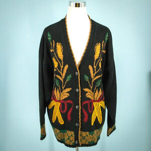 Vintage JJ Poole Size XL Black Corn Maize Wheat Print Button Cardigan Sweater